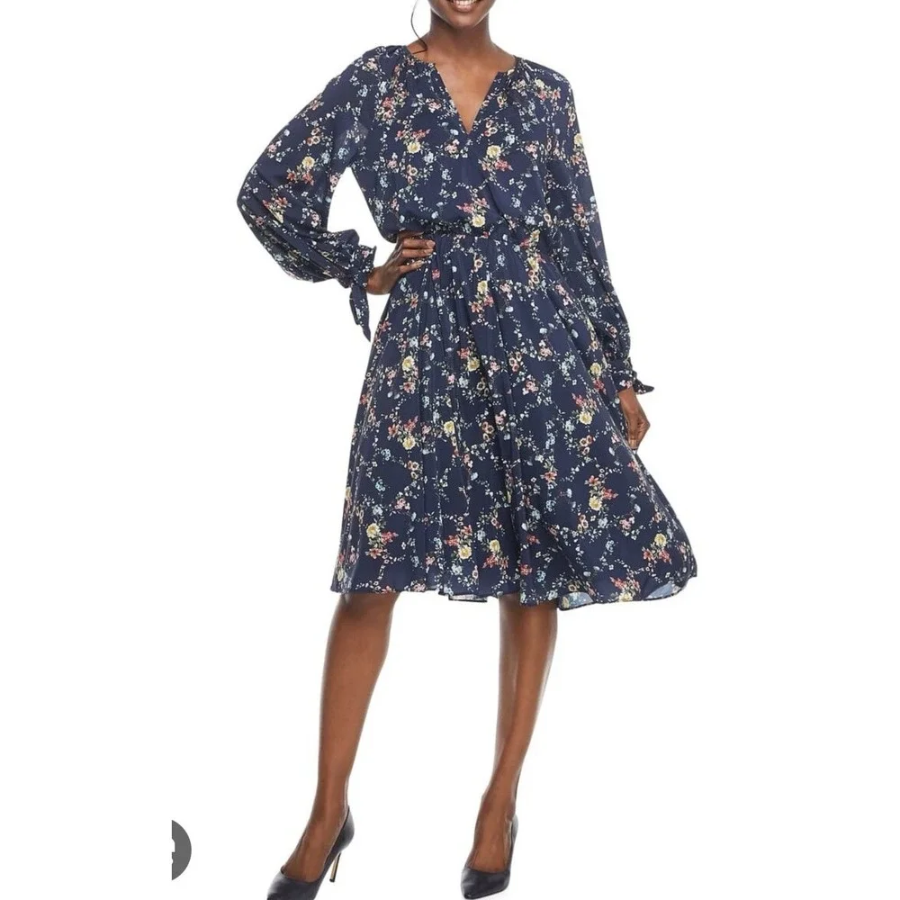 Gal‎ Meets Glam Bonnie Floral Blouson Dress Women 8 Navy Blue Peasant Cottage